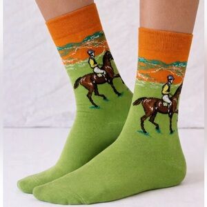Horse Riding Equestrian Graphic Crew Socks Green Orange Unisex Novelty NEW